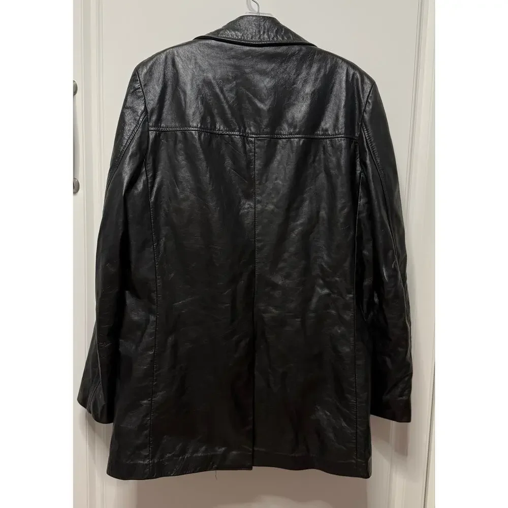 Cresco Black Genuine Leather Coat Jacket Faux Fur Lined 40L Vintage 70s Overcoat